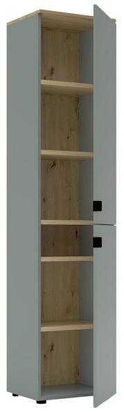 Büroschrank mit geöffneter Tür, zeigt mehrere Regalböden aus Holz, Perspektive von vorne.