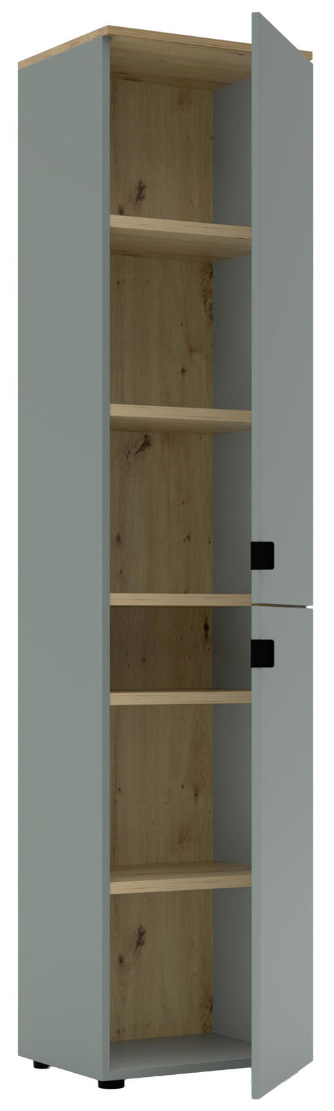 Büroschrank mit geöffneter Tür, zeigt mehrere Regalböden aus Holz, Perspektive von vorne.