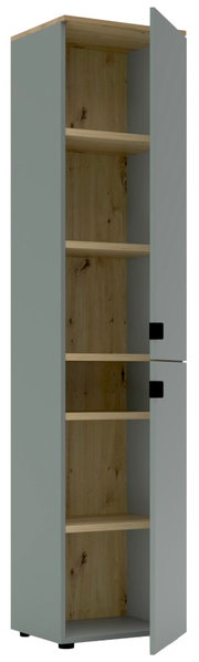Kantoorkast met geopende deur, met daarin verschillende houten planken, gezien van voren.