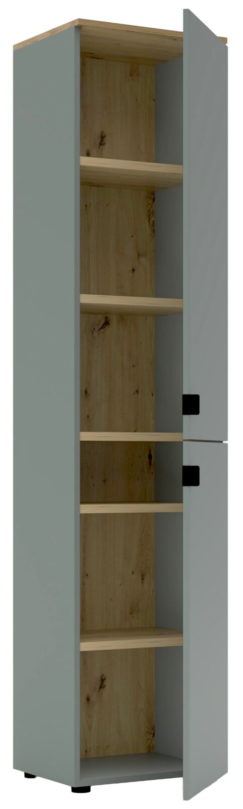 Kantoorkast met geopende deur, met daarin verschillende houten planken, gezien van voren.