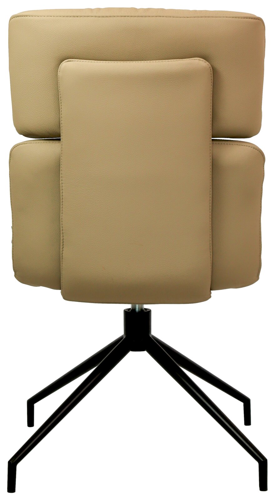 Rückansicht eines modernen, beige gepolsterten Stuhls mit schwarzem Metallgestell und vier Beinen.