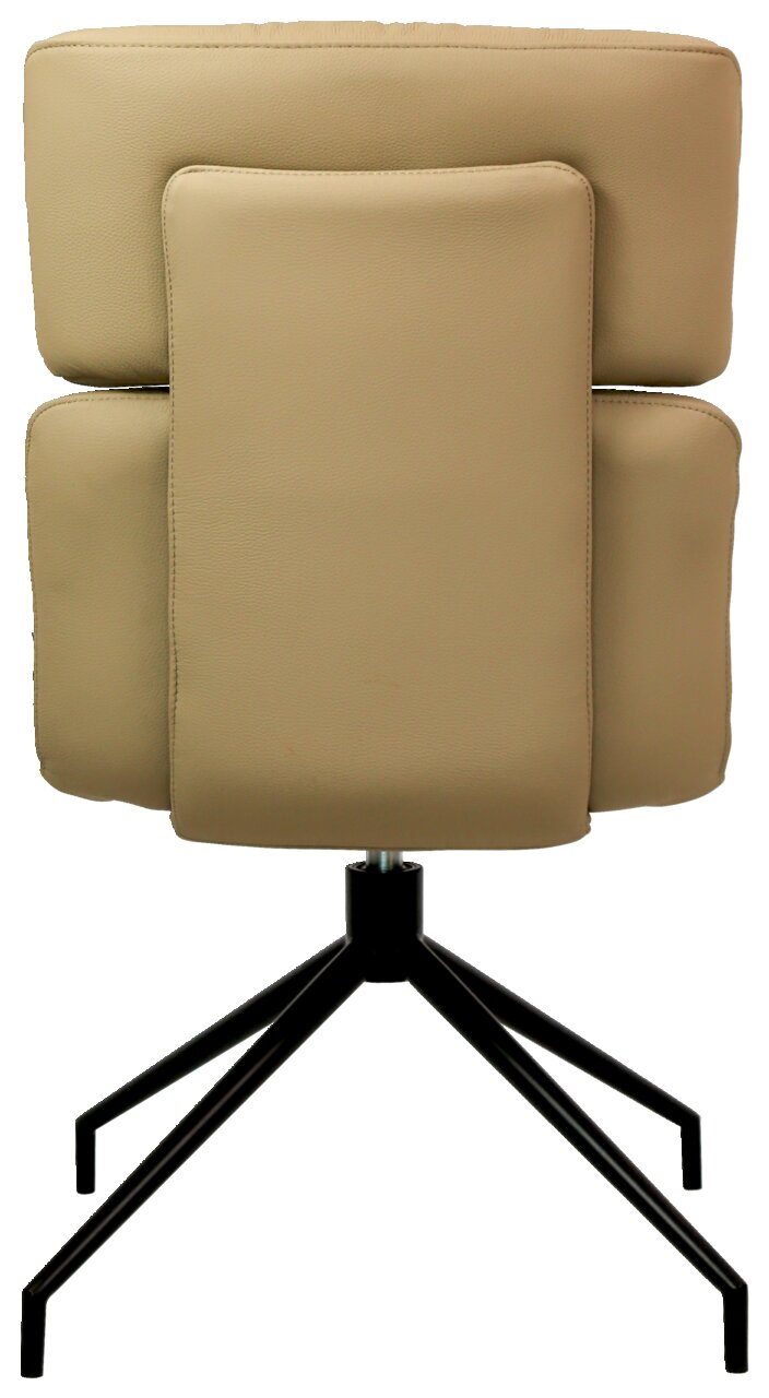 Rückansicht eines modernen, beige gepolsterten Stuhls mit schwarzem Metallgestell und vier Beinen.