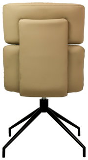 Rückansicht eines modernen, beige gepolsterten Stuhls mit schwarzem Metallgestell und vier Beinen.