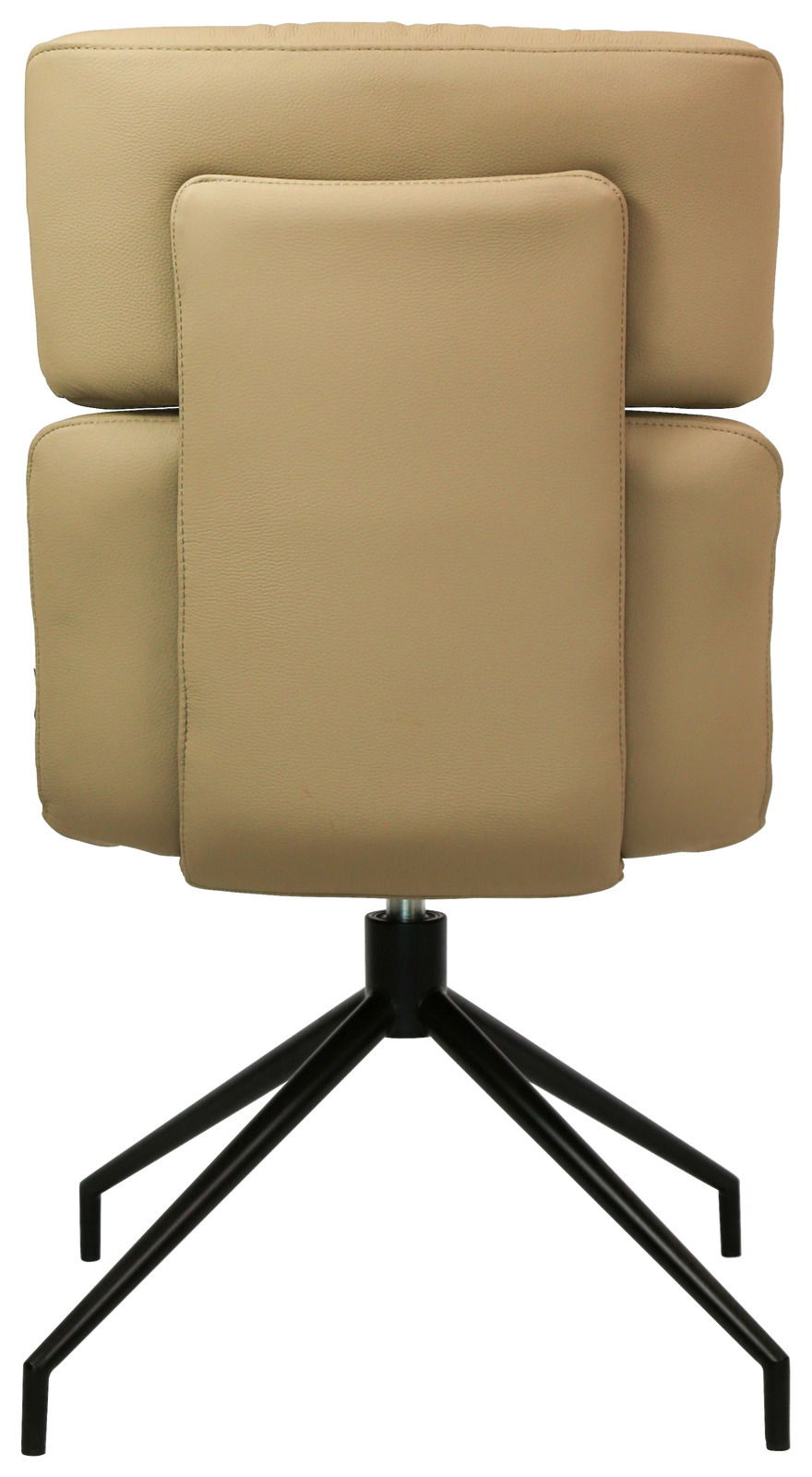 Rückansicht eines modernen, beige gepolsterten Stuhls mit schwarzem Metallgestell und vier Beinen.
