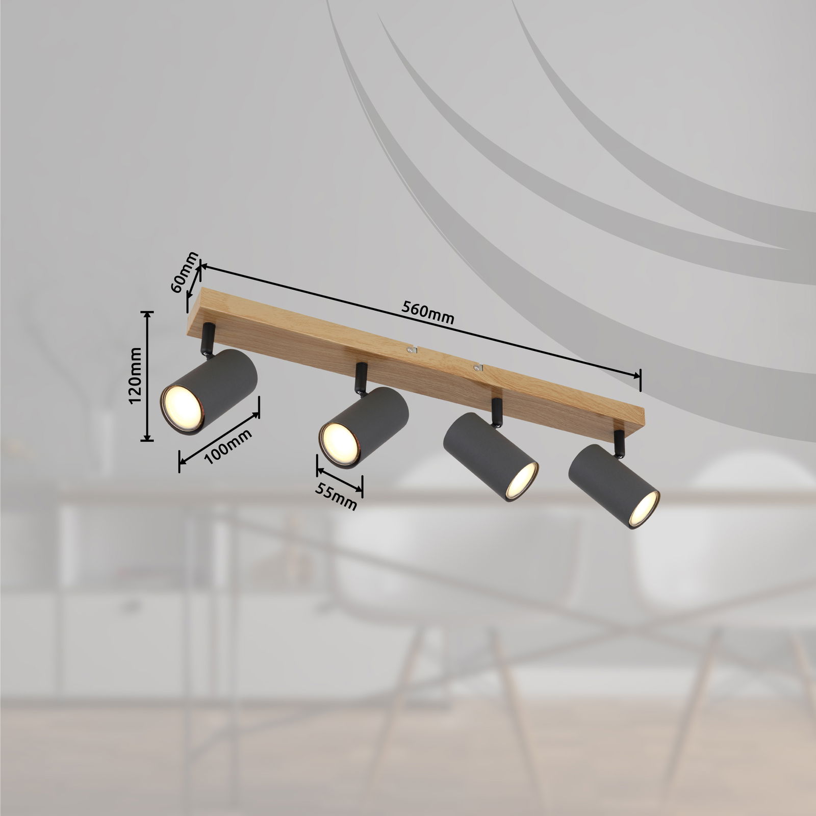 Deckenstrahler aus Metall in Graphit dunkel mit vier verstellbaren Leuchten, montiert auf einer Holzleiste. Perspektive: seitliche Ansicht.