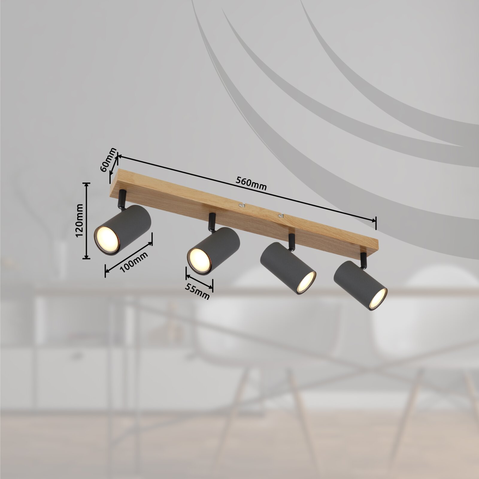 Deckenstrahler aus Metall in Graphit dunkel mit vier verstellbaren Leuchten, montiert auf einer Holzleiste. Perspektive: seitliche Ansicht.