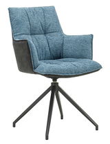 Moderner blauer Sessel mit Metallbeinen, seitliche Perspektive