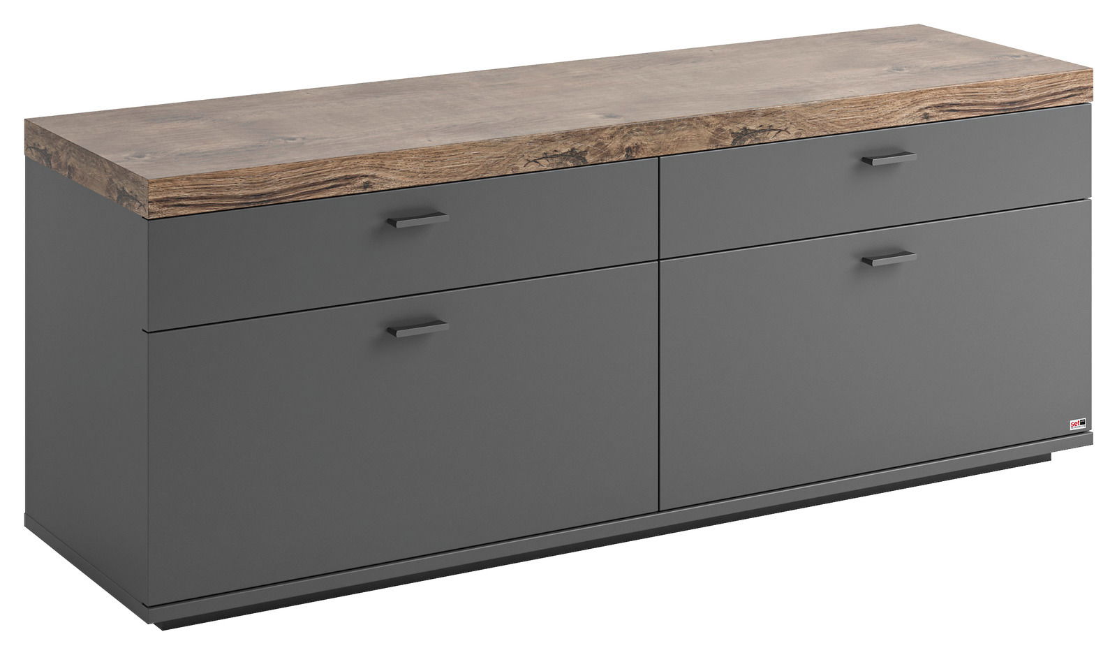 TV-Lowboard in moderner grauer Optik mit vier Schubladen und einer rustikalen Holzoberfläche, seitliche Perspektive