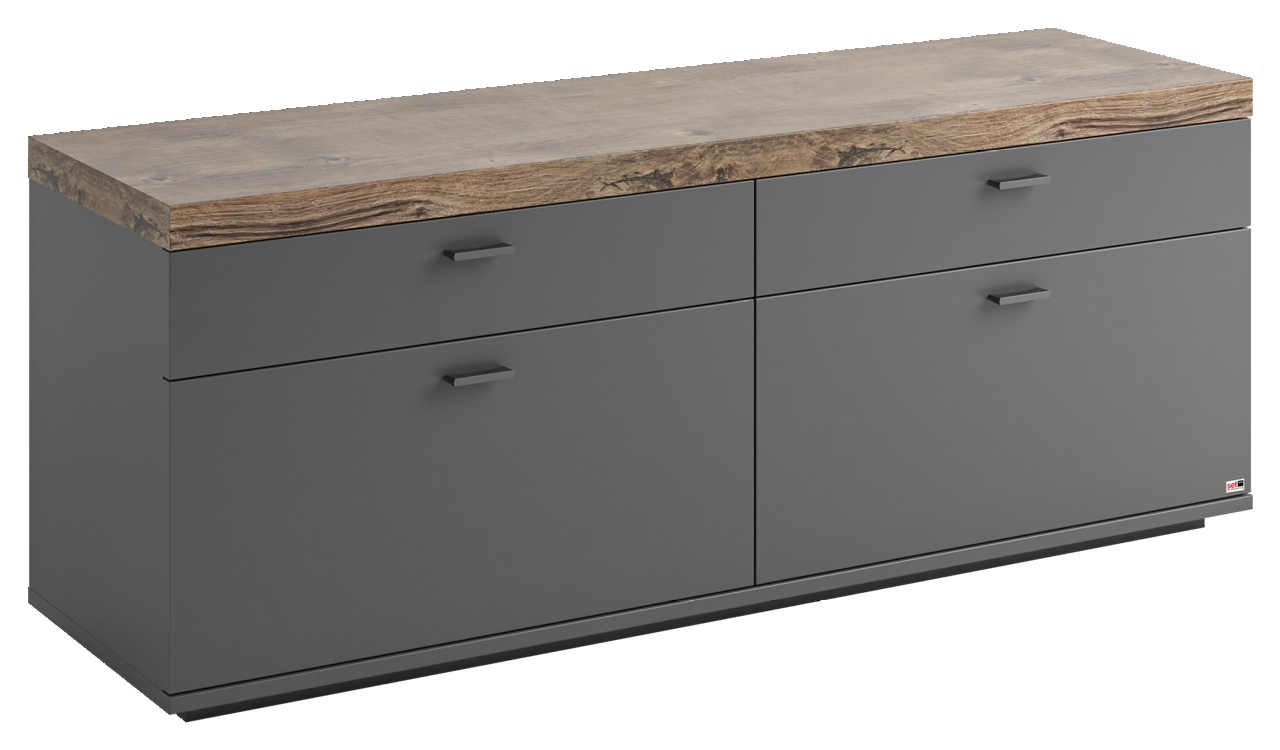 Set one by Musterring TV-Lowboard SET ONE LANCASTER TV-Lowboard in moderner grauer Optik mit vier Schubladen und einer rustikalen Holzoberfläche, seitliche Perspektive