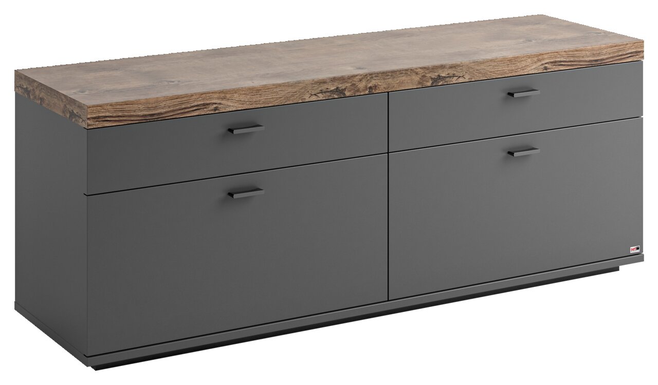 Set one by Musterring TV-Lowboard SET ONE LANCASTER TV-Lowboard in moderner grauer Optik mit vier Schubladen und einer rustikalen Holzoberfläche, seitliche Perspektive