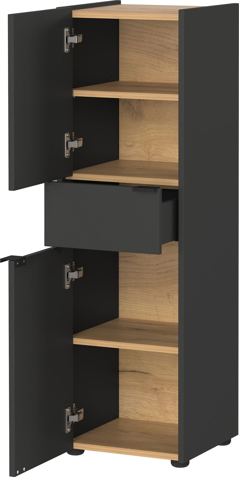 Moderner Schrank mit schwarzer Außenseite und Holzböden, offene Türen und Schublade, Frontalansicht