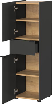 Moderner Schrank mit schwarzer Außenseite und Holzböden, offene Türen und Schublade, Frontalansicht
