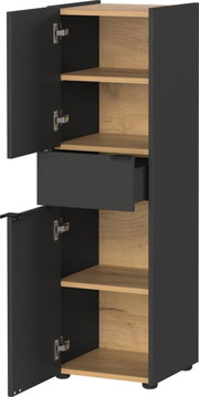 Moderner Schrank mit schwarzer Außenseite und Holzböden, offene Türen und Schublade, Frontalansicht