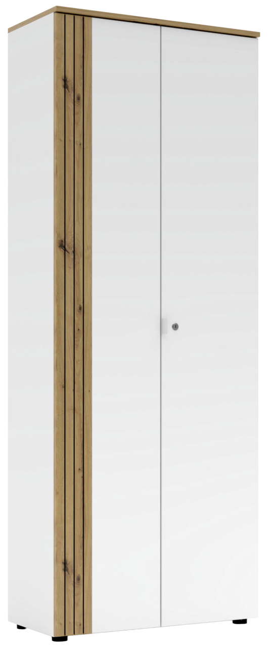 Moderner Büroschrank mit weißer Front und Holzdetails, seitliche Perspektive