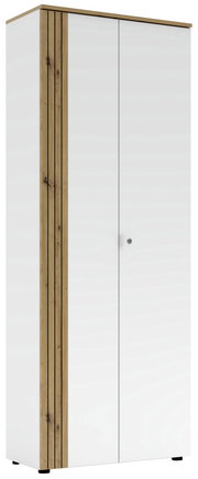 Moderner Büroschrank mit weißer Front und Holzdetails, seitliche Perspektive