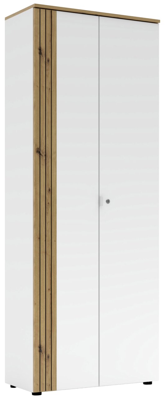 Moderner Büroschrank mit weißer Front und Holzdetails, seitliche Perspektive