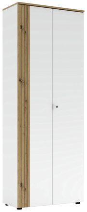 Moderner Büroschrank mit weißer Front und Holzdetails, seitliche Perspektive