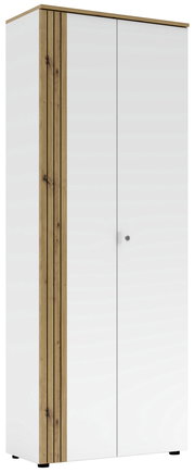 Moderner Büroschrank mit weißer Front und Holzdetails, seitliche Perspektive