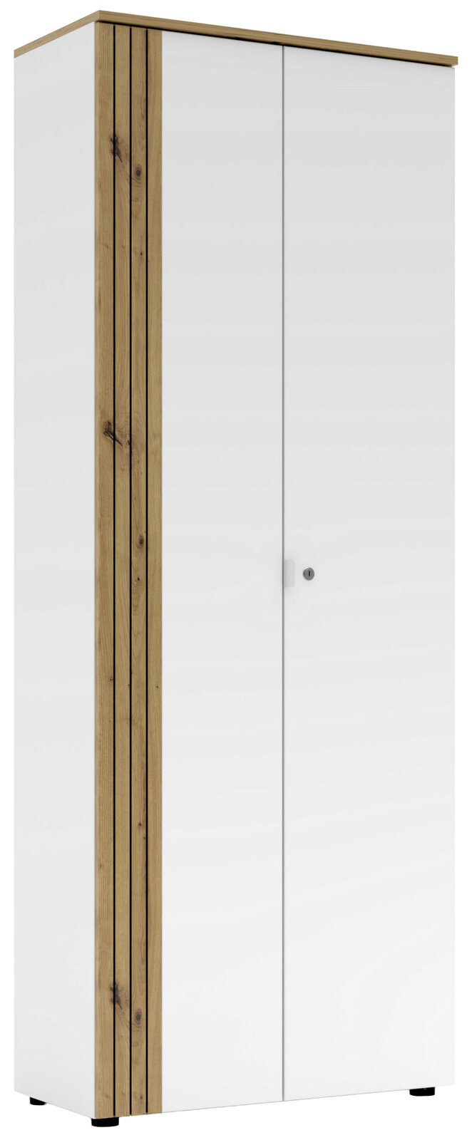 Moderner Büroschrank mit weißer Front und Holzdetails, seitliche Perspektive