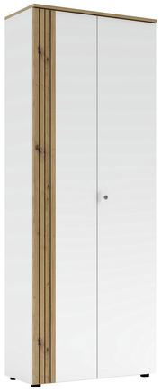 Moderner Büroschrank mit weißer Front und Holzdetails, seitliche Perspektive