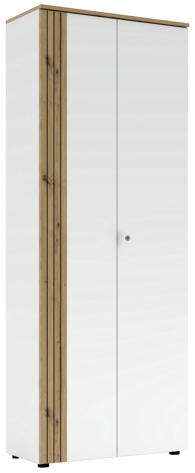 Moderner Büroschrank mit weißer Front und Holzdetails, seitliche Perspektive