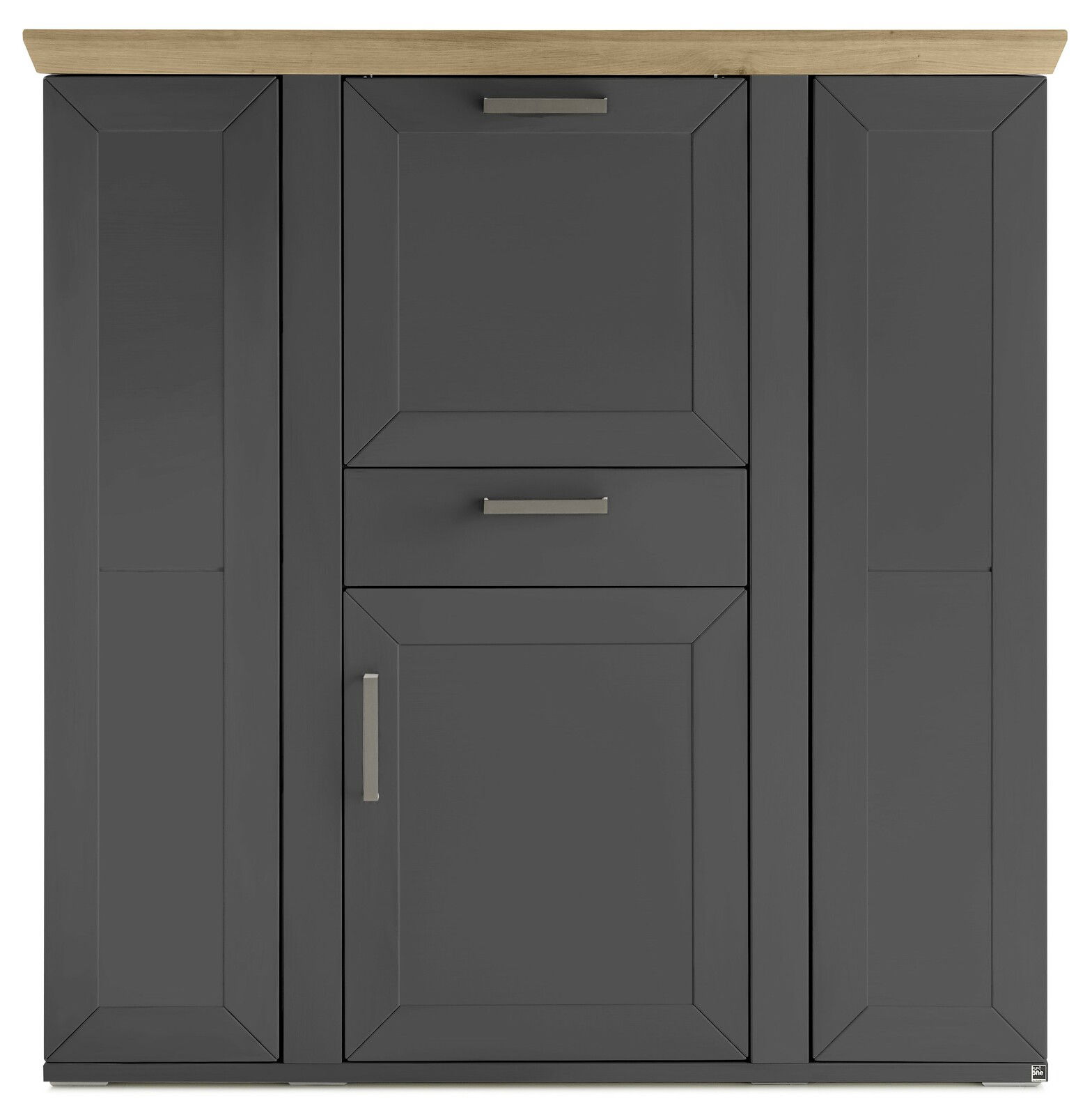 Frontansicht eines modernen Highboards mit dunklen Türen und Schubladen, sowie einer hellen Holzplatte.