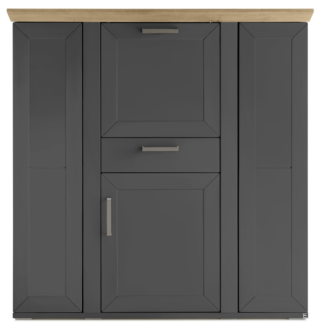 Frontansicht eines modernen Highboards mit dunklen Türen und Schubladen, sowie einer hellen Holzplatte.