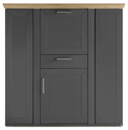 Frontansicht eines modernen Highboards mit dunklen Türen und Schubladen, sowie einer hellen Holzplatte.