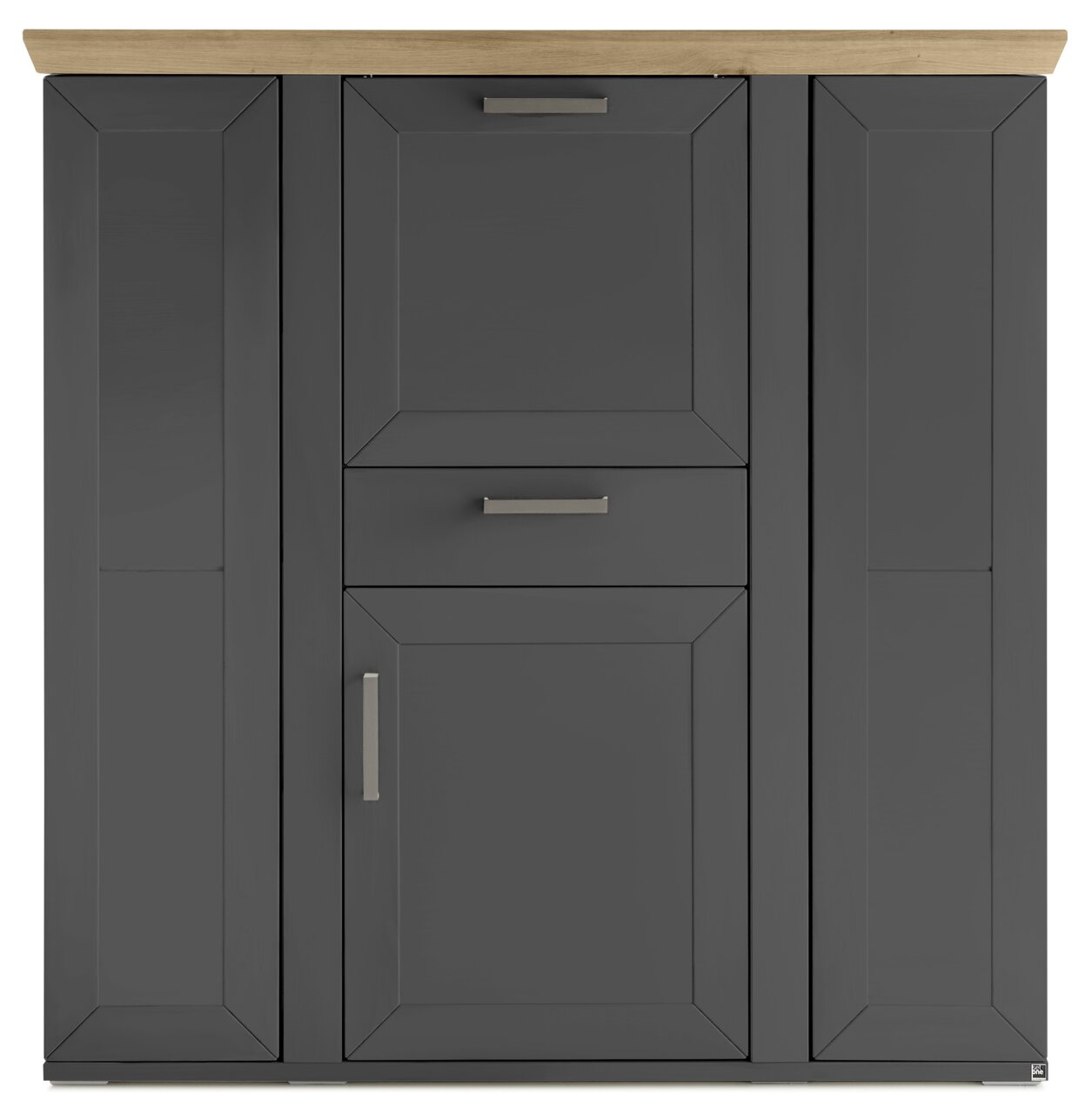 Frontansicht eines modernen Highboards mit dunklen Türen und Schubladen, sowie einer hellen Holzplatte.