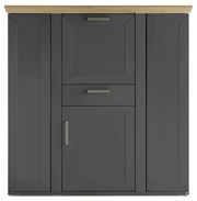 Frontansicht eines modernen Highboards mit dunklen Türen und Schubladen, sowie einer hellen Holzplatte.