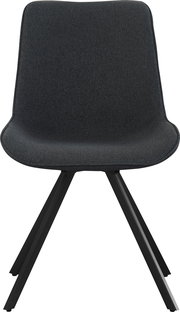 Moderner Polsterstuhl mit dunkelgrauem Stoffbezug und schwarzen Metallbeinen, freigestellt auf weißem Hintergrund, Frontansicht