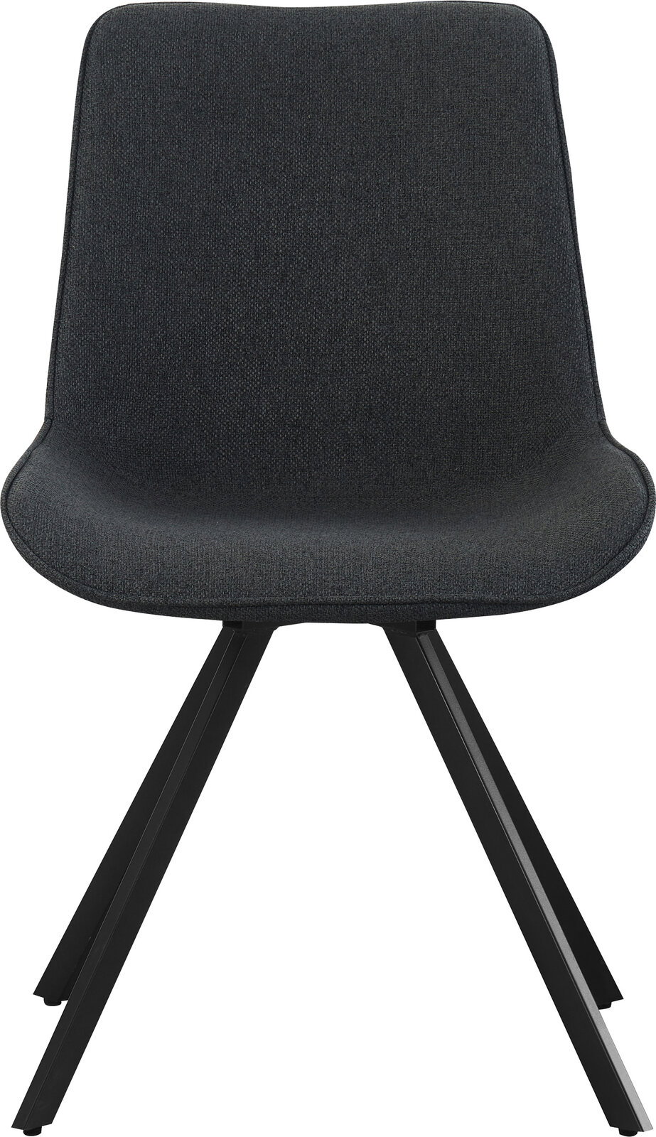 Moderner Polsterstuhl mit dunkelgrauem Stoffbezug und schwarzen Metallbeinen, freigestellt auf weißem Hintergrund, Frontansicht