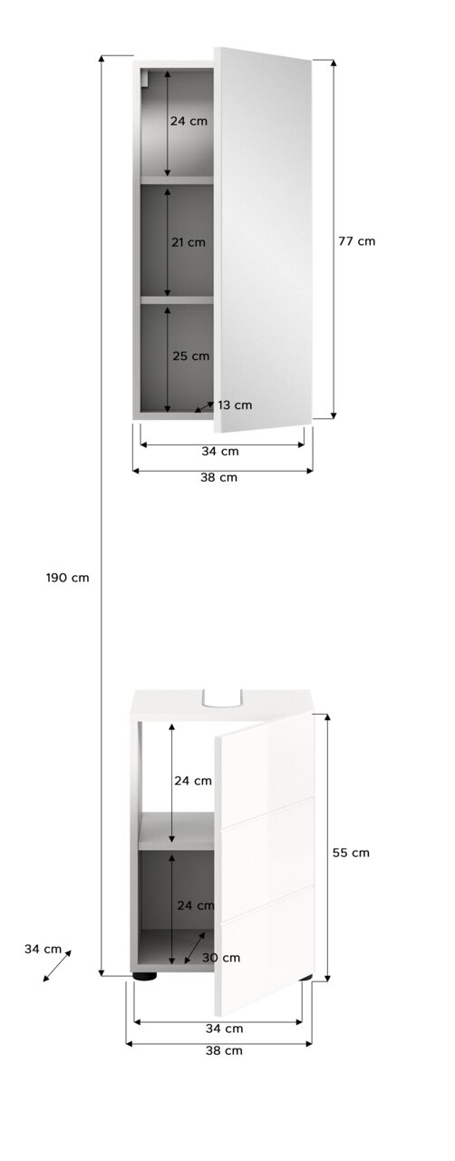 Zwei weiße Badschränke in Frontansicht, einer hoch und schmal mit drei Fächern, der andere niedriger mit zwei Fächern und einer Aussparung für ein Waschbecken.
