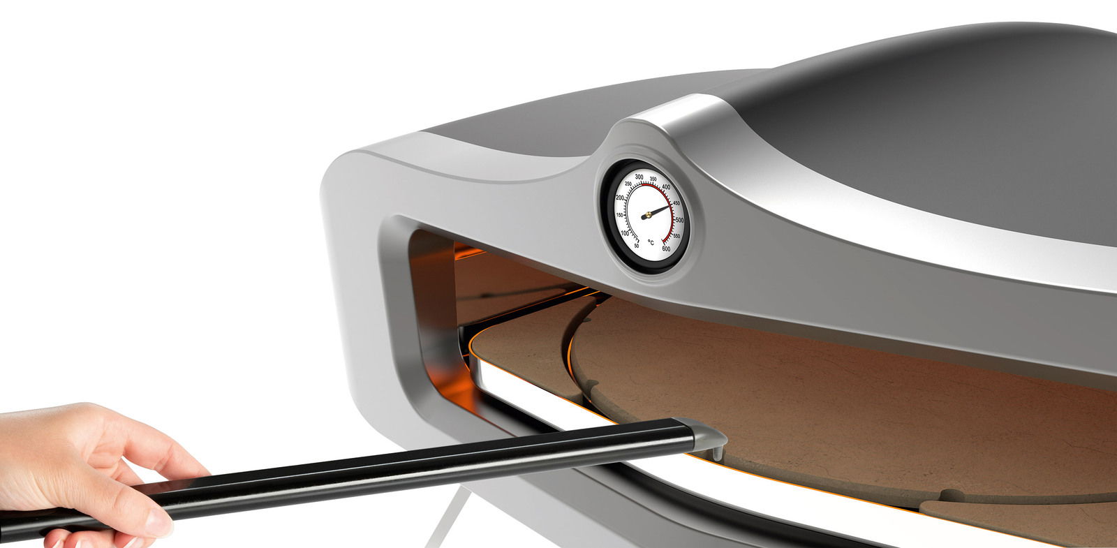 Nahaufnahme eines Gas-Pizzaofens mit Thermometer und Pizzastein, von vorne betrachtet.