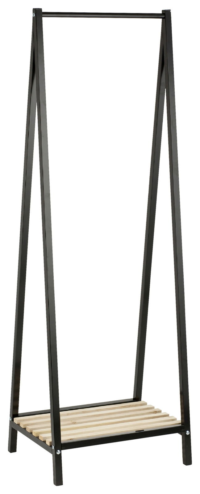 Cantus Garderobenständer WALTER Moderner Garderobenständer aus schwarzem Metall mit Holzablage, frontal abgebildet.