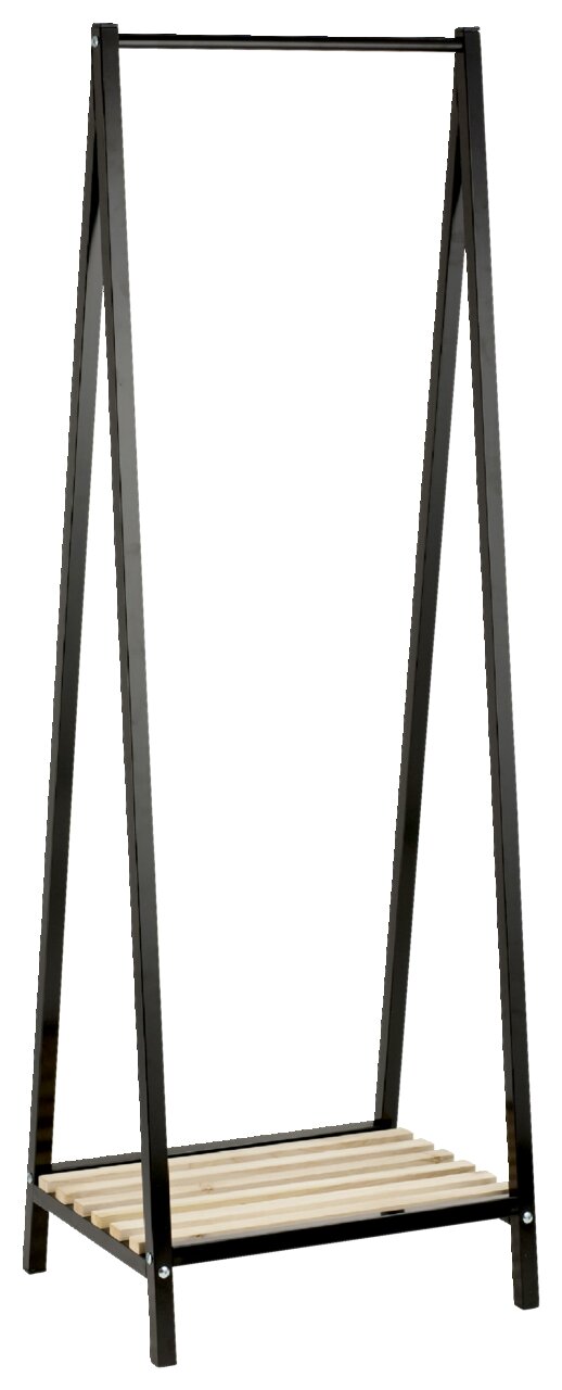 Moderner Garderobenständer aus schwarzem Metall mit Holzablage, frontal abgebildet.