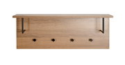 Wandgarderobe aus Holz in Eiche-Optik mit oberem Ablagebrett und vier schwarzen Haken, Frontansicht