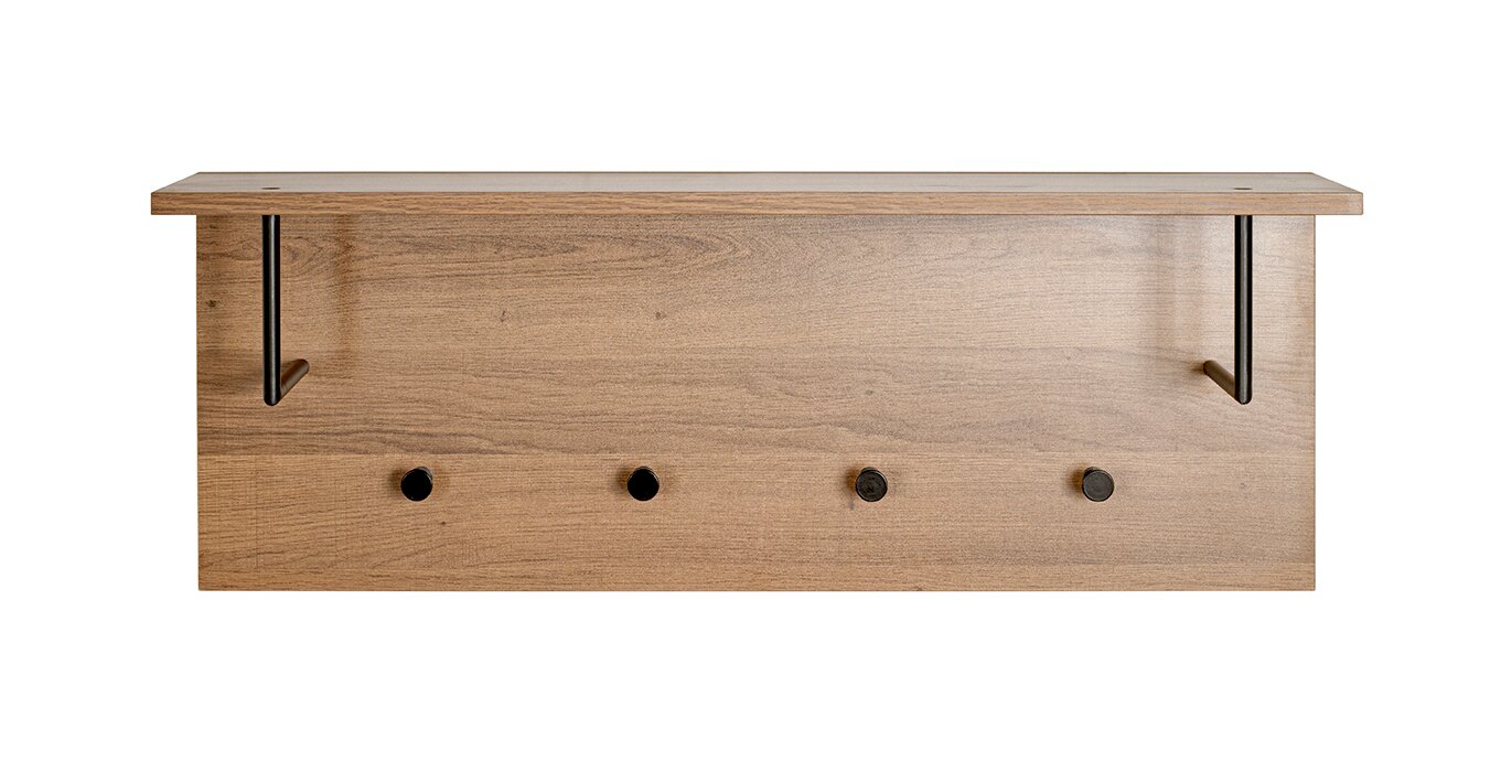 Wandgarderobe aus Holz in Eiche-Optik mit oberem Ablagebrett und vier schwarzen Haken, Frontansicht