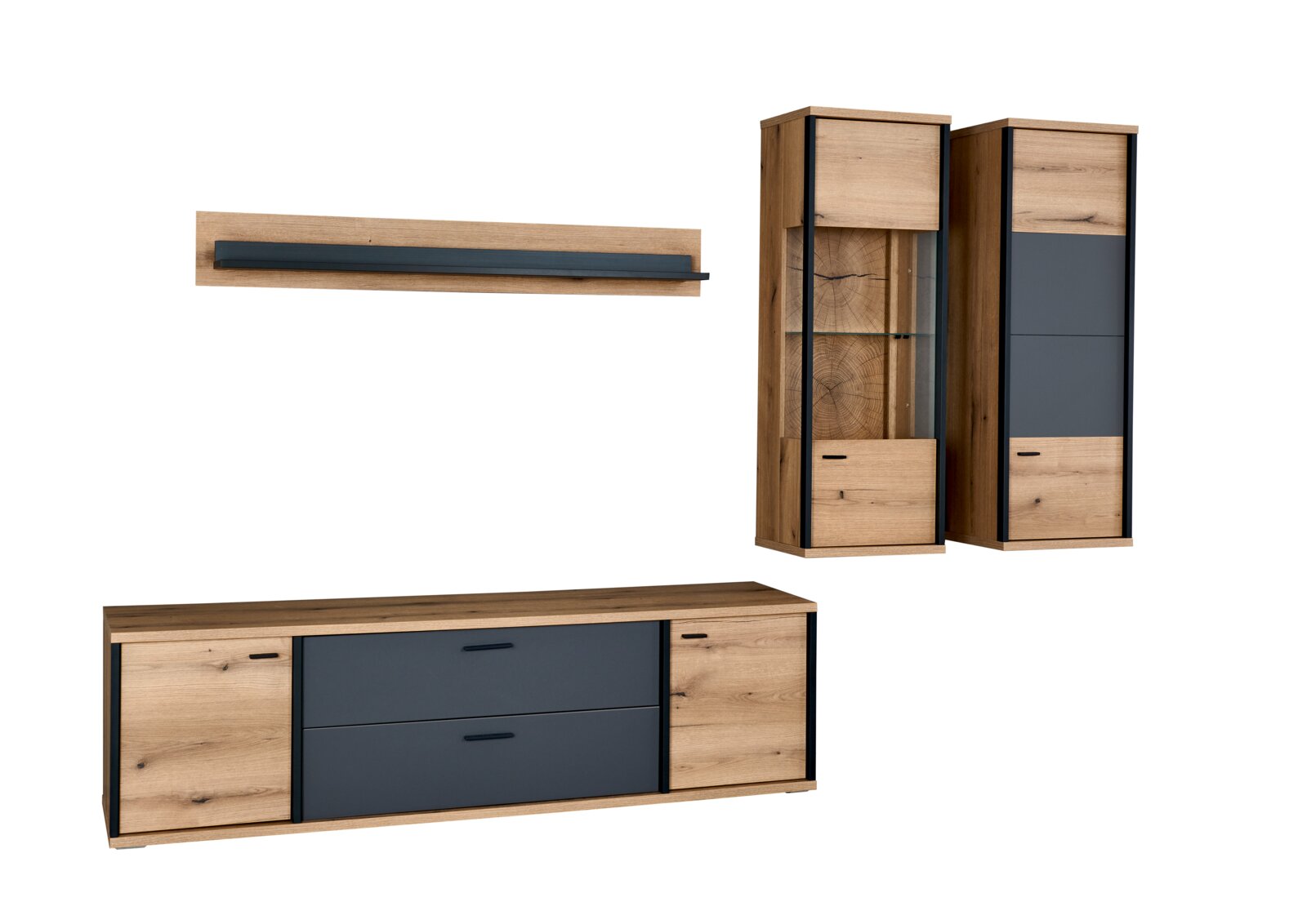 XORA Wandcombinatie MELO Moderne woonkamermeubelset in eikenlook met antracietkleurige fronten: lowboard met lades en deuren, wandplank en twee hoge vitrinekasten, productfoto van voren op een witte achtergrond.