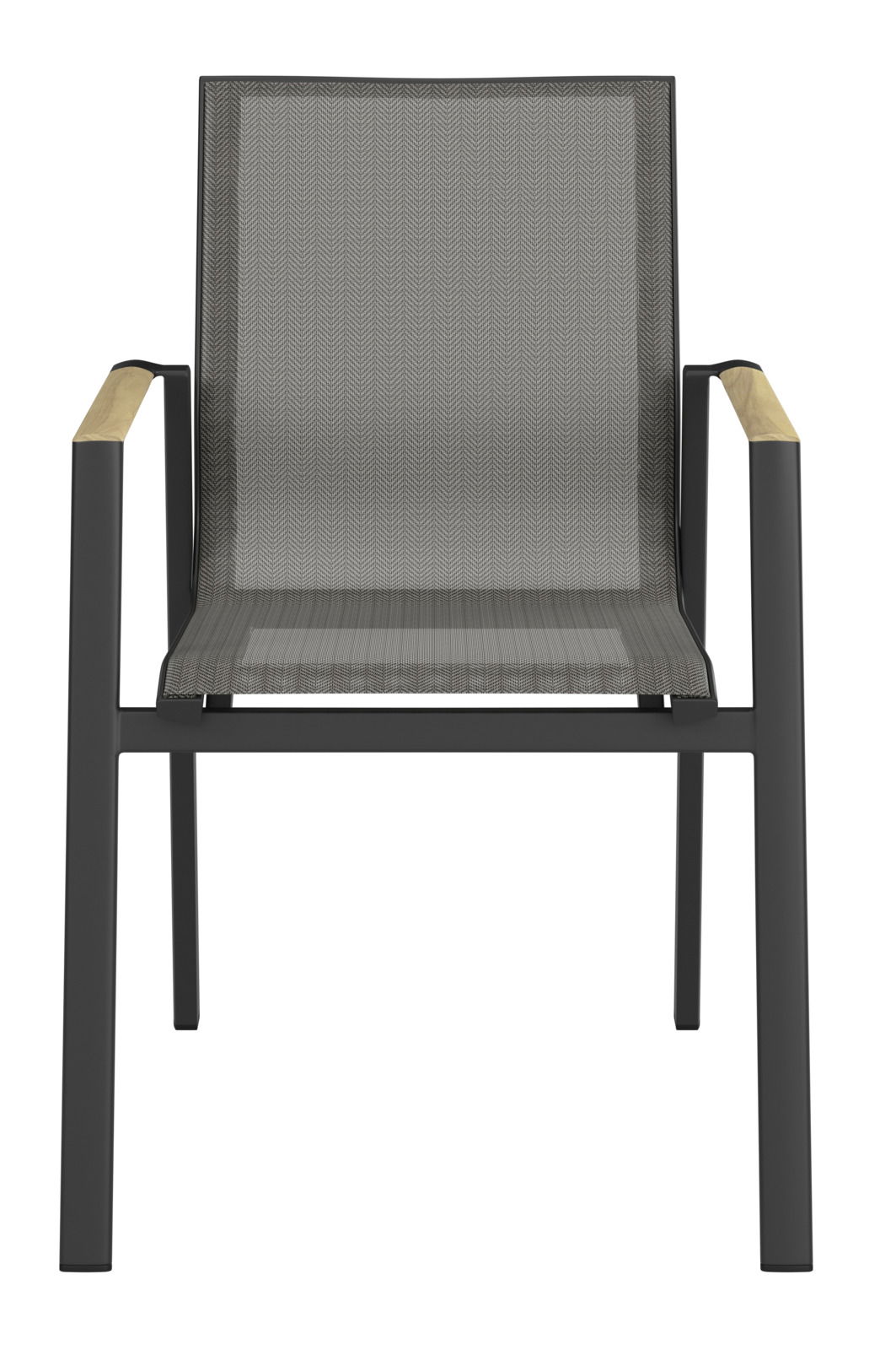 Vorderansicht eines modernen Stapelstuhls mit schwarzem Metallrahmen und Armlehnen aus Holz.