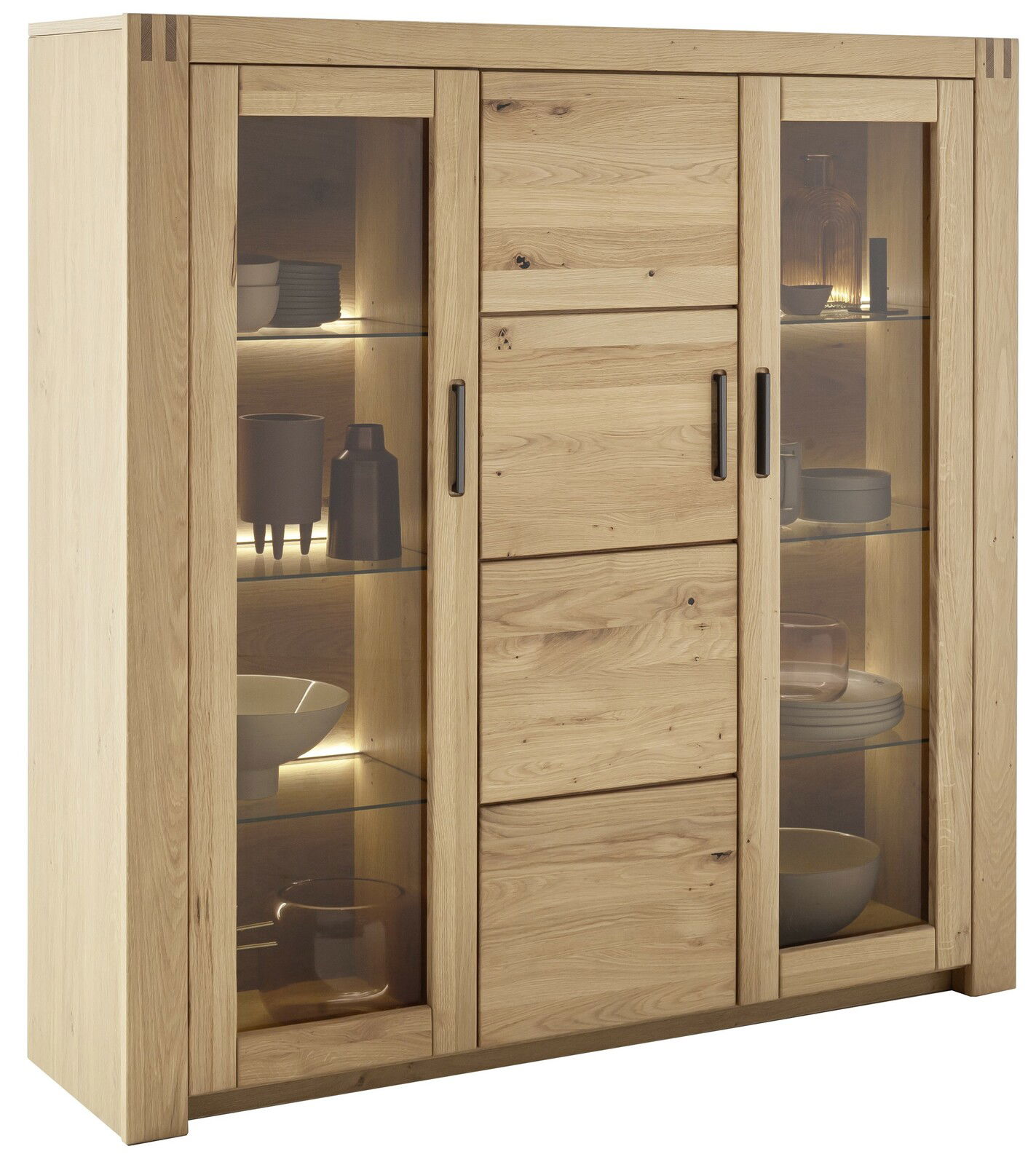 Hochwertiges Highboard aus Holz mit Glastüren und integrierter Beleuchtung, seitliche Perspektive