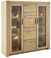 Hochwertiges Highboard aus Holz mit Glastüren und integrierter Beleuchtung, seitliche Perspektive