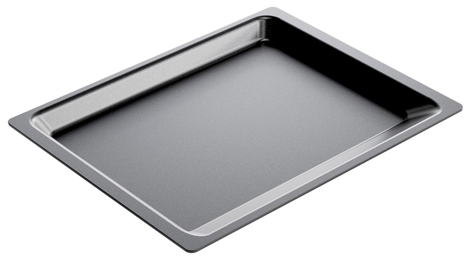 Schwarze Backofenplatte aus Metall, rechteckig, mit leicht erhöhtem Rand, in schräger Perspektive von oben fotografiert.