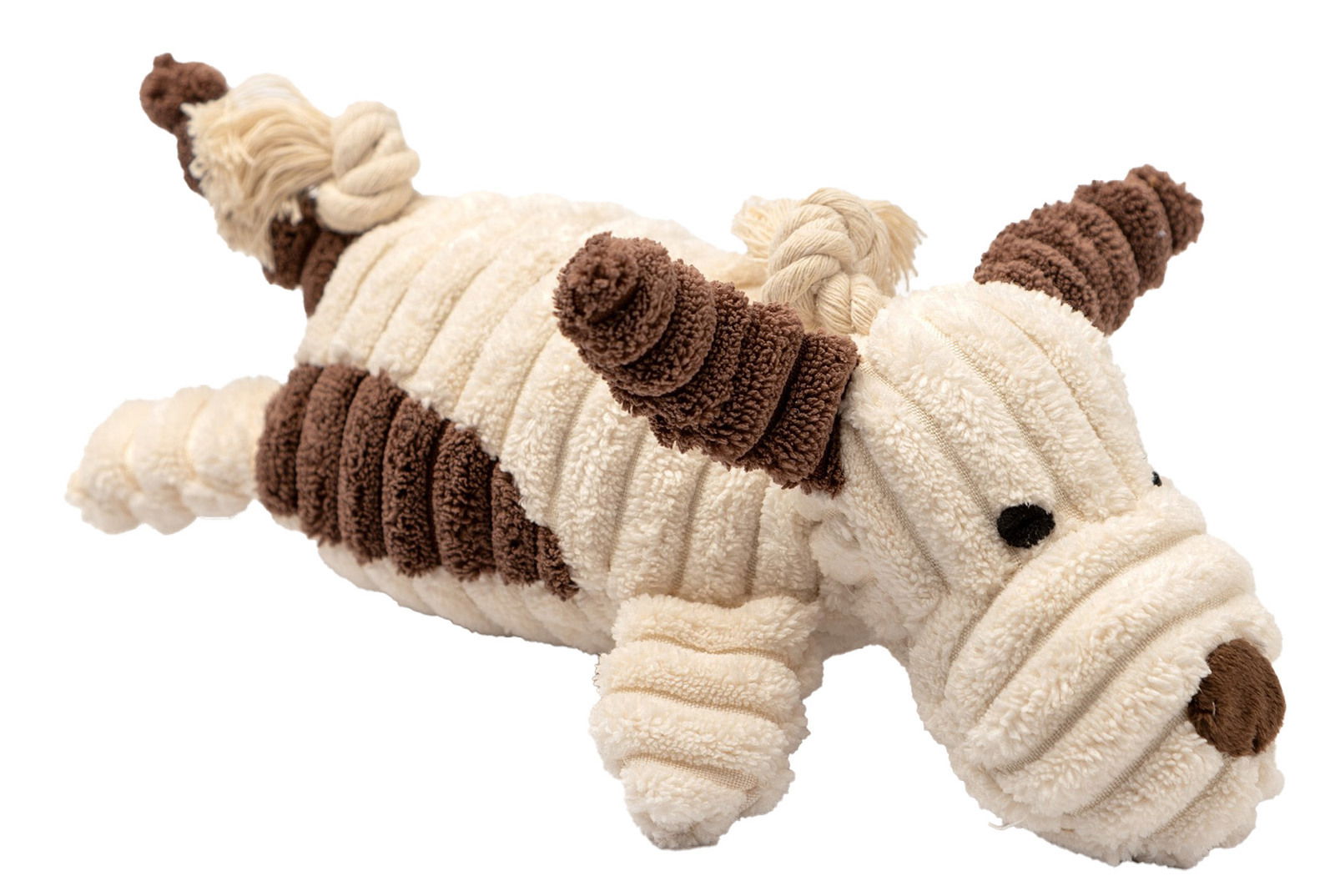 rogon Tierspielzeug RUFUS Plüsch-Hundespielzeug in Form eines Hundes, aus weichem, geripptem Material in Creme und Braun, seitliche Perspektive