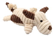 Plüsch-Hundespielzeug in Form eines Hundes, aus weichem, geripptem Material in Creme und Braun, seitliche Perspektive