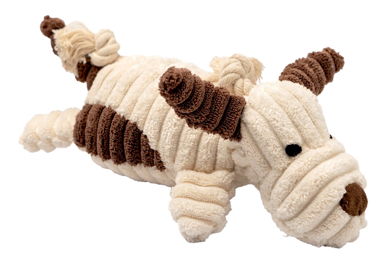 rogon Tierspielzeug RUFUS Plüsch-Hundespielzeug in Form eines Hundes, aus weichem, geripptem Material in Creme und Braun, seitliche Perspektive