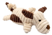 Plüsch-Hundespielzeug in Form eines Hundes, aus weichem, geripptem Material in Creme und Braun, seitliche Perspektive