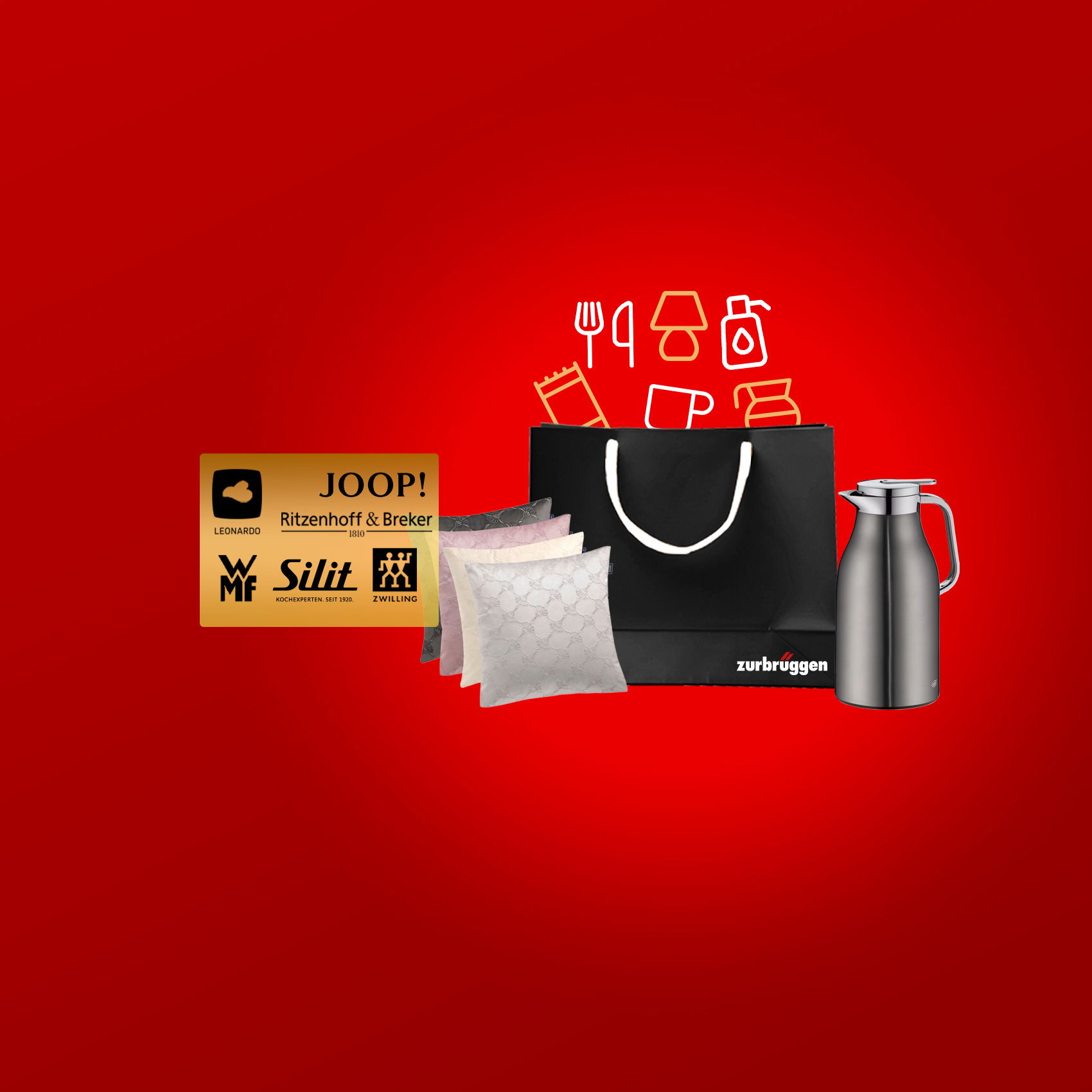 Schwarze Einkaufstasche, gefüllt mit verschiedenen Produkten, dem Werbetext „20 % Rabatt“ und verschiedenen Markenlogos.