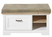 Weiße Bank mit Stauraum, gepolstertem Sitzkissen und Schublade, Frontalansicht