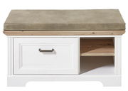 Weiße Bank mit Stauraum, gepolstertem Sitzkissen und Schublade, Frontalansicht